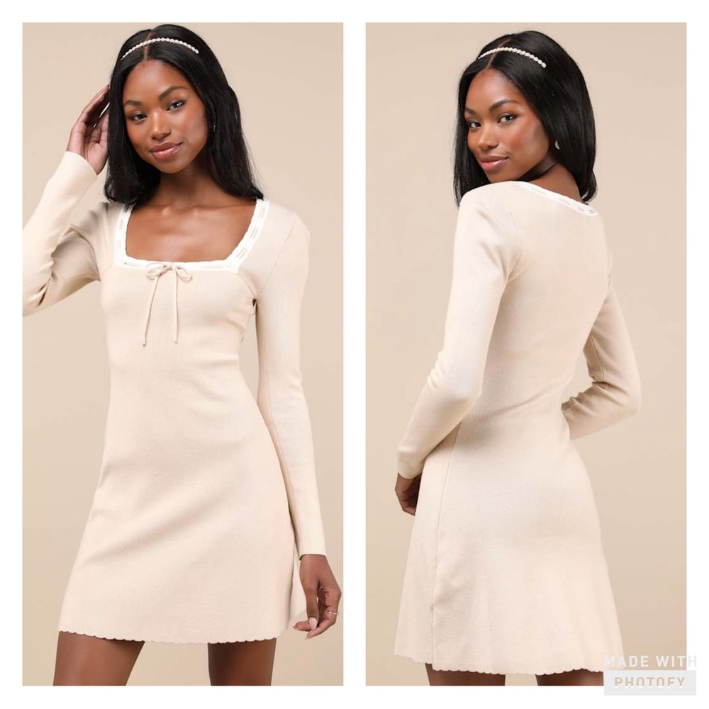 Lulus Definitely Sweet Beige Scalloped Long Sleeve Mini Sweater Dress Sz S 2-4